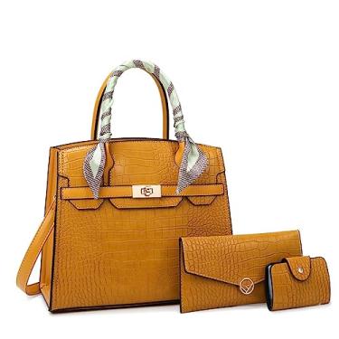 Imagem de Bolsa feminina de couro com alça superior com estampa de crocodilo bolsa feminina com bolsa de mão com embreagem conjunto de 3 peças, Amarelo