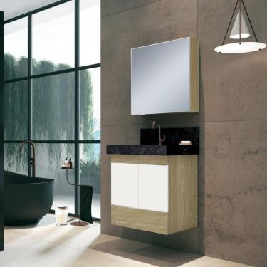 Imagem de Conjunto para Banheiro com Espelheira, Gabinete, Lavatório em Porcelanato com Cuba Esculpida Bumi Wood/Branco/Preto