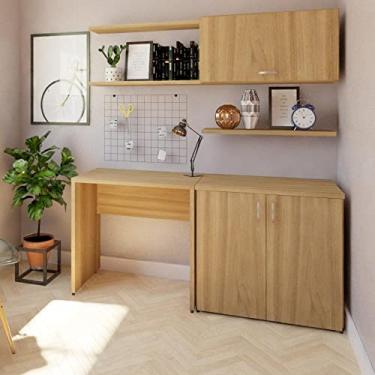 Imagem de Conjunto Home Office Escrivaninha Balcão 2 Portas Armário Aéreo 3 Prateleiras Bramov Carvalho Mel