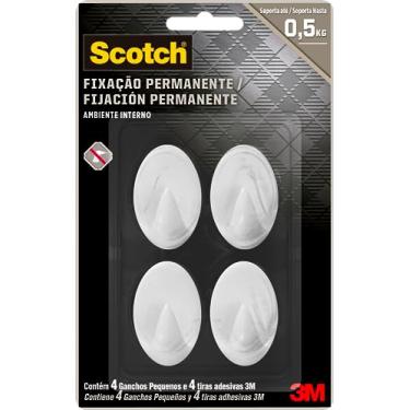Imagem de Scotch, 3M, Gancho Adesivo, Fixação Permanente, Sem Furos, Branco, 4 unidades