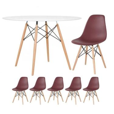 Imagem de Mesa Redonda Eames 120cm Branco + 5 Cadeiras Marrom