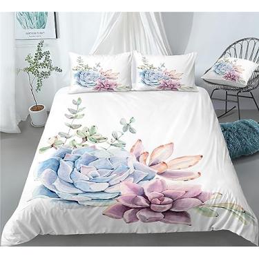 Imagem de Lindo conjunto de cama suculenta para cama em um saco, 7 peças, flores e cactos suculentos, incluindo 1 lençol com elástico + 1 edredom + 4 fronhas + 1 lençol de cima (D, cama queen em uma bolsa - 7