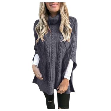 Imagem de Roupas de outono para mulheres gola rolê torcida suéter manga capa plus size roupas confortáveis para mulheres, Suéteres femininos cinza escuro, P