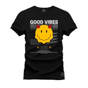 Imagem de Camiseta Casual Malha Confortável Estampada Good Vibes Preto M
