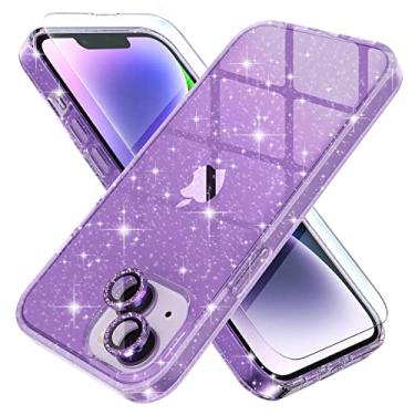 Imagem de Choiche Capa para iPhone 14, linda capa feminina com glitter transparente, [2 protetores de lente de câmera diamante] [2 x protetores de tela de vidro temperado] 6,1 polegadas (roxo purpurino)