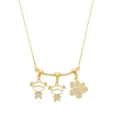 Imagem de Colar Canga Zirconias Com Meninas e Patinha Pet Folheada A Ouro 18k