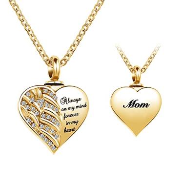 Imagem de LuxglitterLin Joias douradas de cremação de coração para mãe, papai, irmã, cinzas, urna de asa de anjo, colar com pingente de lembrança memorial, cristal, aço inoxidável, strass, Cristal sintético