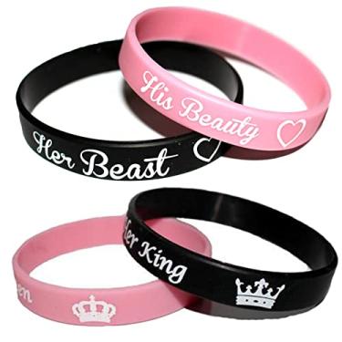 Imagem de 4 pulseiras de silicone para casais, pulseira esportiva His Beauty Her Beast I am His Queen Her King, para mulheres e homens, joias do dia dos namorados, Silicone, Sem Pedra Preciosa