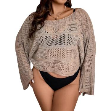Imagem de GORGLITTER Camiseta feminina plus size vazada de crochê com ombro de fora e manga comprida transparente, MOCHA MARROM, 3G