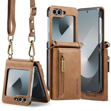 Imagem de 3 in 1 Detachable Compatible with Samsung Galaxy Z Flip 6 Phone Case,DG.MING M5 Luxury Zipper Wallet Leather with Card Holder Faux Leather Long Shoulder Strap Men Women 6.7'' RFID Blocking (Brown)