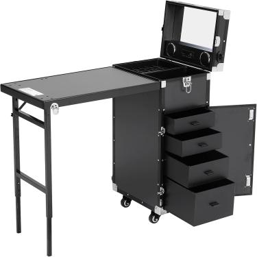 Imagem de Mesa de manicure rolante Estação de trabalho para unhas com 4 gavetas Alto-falante espelhado para salão de maquiagem Organizador de armazenamento de carrinho de cosméticos para viagens (pret