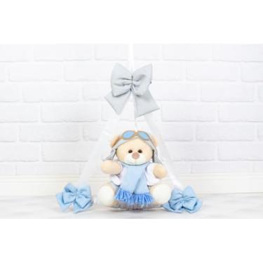 Imagem de Pelucia Enfeite de Porta Urso Tedde 18 cm Aviador Clássico - Para Decoração (branco, cinza e azul claro)