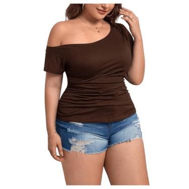 Imagem de SOLY HUX Camisetas femininas plus size, ombros de fora, manga curta, franzida, verão, Marrom chocolate liso, 3G