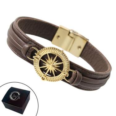 Imagem de Pulseira de Couro Magnética Masculina Feminina Bússola Dourada Horizon