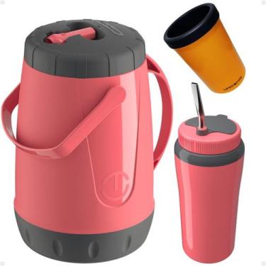 Imagem de Kit Garrafa Jarra Pávia 2,5 Litros + Copo Térmico 650ML com Bomba Inox