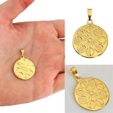 Imagem de Pingente Medalha Lunar Mistico Lua e Sol Fases da Lua Banhado a Ouro 1