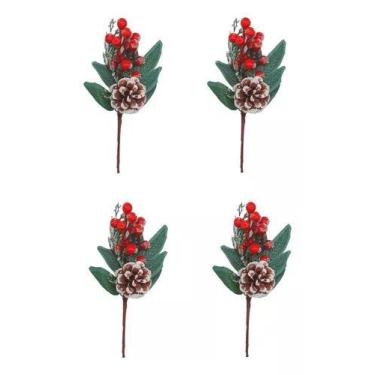 Imagem de Kit 4 Buquê Flor Natal Cerejinha Pinha 22cm Neve Folhagem - Multiart