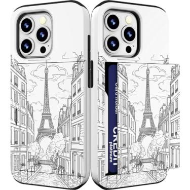 Imagem de IWONE Capa compatível com iPhone 15 Pro fofa com porta-cartões Slim Slot Phone 15 Pro capa carteira para mulheres/Torre Eiffel Paris França rua cidade nuvens desenho