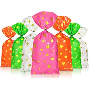 Imagem de 100 unidades de sacos de celofane, sacolas de lembrancinhas de festa de estrelas sacolas de doces com 100 laços torcidos tema estrelas arco-íris para aniversário chá de bebê orgulho dia material escolar (estilo estrela)