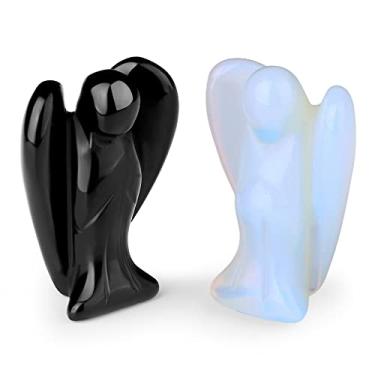 Imagem de DUQGUHO 2 peças estátuas de anjo de cristal preto opala obisdiana estatuetas de anjo de bolso pedras de cristal de cura anjo da guarda decoração de cristal para casa sala de estar decoração de cristal presentes 3,8 cm