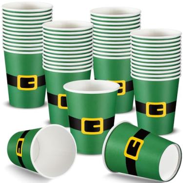 Imagem de Eersida 100 peças de copos de papel descartáveis dia de São Patrício 255 g clássico chapéu de duende cinto copos descartáveis verde para férias irlandesas bebidas quentes e frias suprimentos de festa