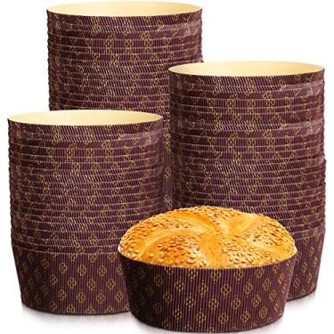 Imagem de Thenshop Formas de papel panetone com 50 unidades para assar, papel resistente ao calor, forma de bolo, 15 x 6 cm, molde de panetone descartável para cupcake de muffin, forno de micro-ondas e freezer