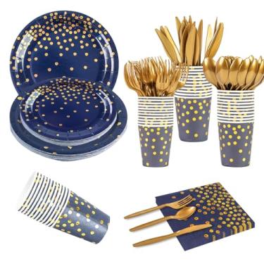 Imagem de 168 peças de suprimentos de festa azuis e dourados, decorações de festa descartáveis, pratos de papel, guardanapos, copos, garfos de plástico, facas, colheres para aniversário, formatura, chá de noiva