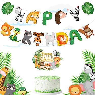 Imagem de Faixa de Feliz Aniversário de Animais de Safári, Animais da Selva, Topo de Cupcake de Feliz Aniversário, Tema Selva do Zoológico Decorações de Aniversário para Festa, Chá de Bebê, Artigos de Festa de Aniversário