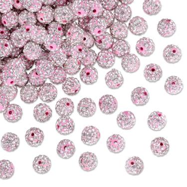 Imagem de NUKAYAI 100 peças de contas de strass de 10 mm para fabricação de joias, contas de bola de discoteca Shamballa de cristal brilhante rosa e branco, contas de argila de diamante para artesanato, contas