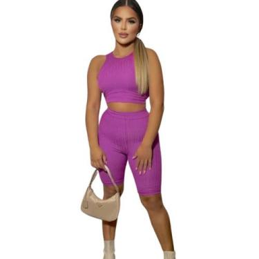 Imagem de Conjunto Feminino Moda Biker Malha Canelada Blusa e Short Colado Plus 