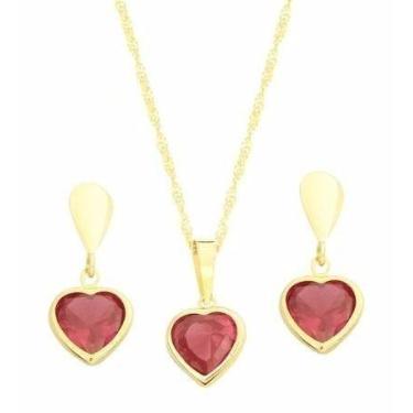 Imagem de Cordão 50cm Pingente Brincos Coração Vermelho Ouro 18k 750 - DG Presen