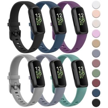 Imagem de Pacote com 6 pulseiras para Fitbit Inspire 3, pulseiras esportivas de substituição de silicone macio ajustáveis compatíveis com Fitbit Inspire 3 Fitness Tracker (preto + ameixa + verde pinho + cinza +