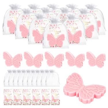 Imagem de 50 conjuntos de lembrancinhas de chá de bebê de borboleta para convidados Sabonete perfumado feito à mão com cartões de agradecimento sacos de organza para decoração de batismo revelação de gênero,