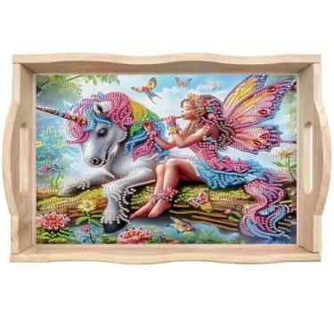 Imagem de ShuoBeiter DIY Diamond Art Tray with Handle Diamond Art Painting Plate Creative Design Handmade Wooden Tray Mosaic Making 7.8x11.8 Inches（S27)