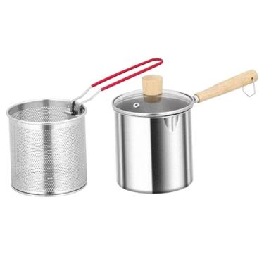 Imagem de DimyFew Fritadeira de aço inoxidável com filtro de óleo com alça, alça de madeira resistente, filtro de óleo para cozinhar ao ar livre, S
