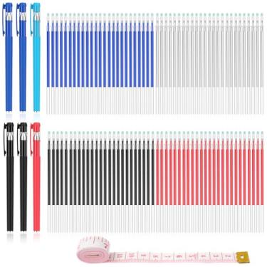 Imagem de WANFRES Marcador de tecido canetas apagáveis a quente para costura e acolchoamento, bordado, suprimentos de costura. Disponível em quatro cores, vem com uma fita métrica e vem em 107 peças no total.