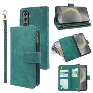 Imagem de Dibosom Capa carteira para Samsung Galaxy S24 FE 5G com cordão de pulso e couro vintage premium flip porta-cartão de crédito acessórios capa de celular para S 24 EF S24FE 24S mulheres homens verde