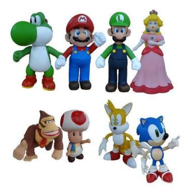 Imagem de kit 8 bonecos - Mario Luigi Yoshi Toad Princesa Donkey Kong Sonic e Ta