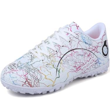 Imagem de DISRATEBLU Sapatos de futebol para crianças, meninos, meninas, tênis de treinamento de futebol juvenil, terreno firme, grama atlética, uso ao ar livre, tênis de futebol profissional, Branco, 19