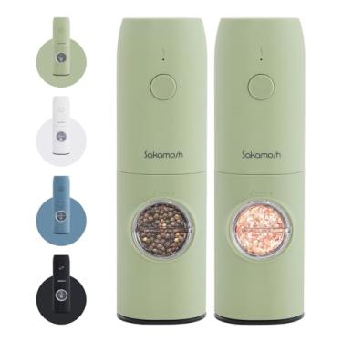Imagem de SAKAMOSH Conjunto elétrico de moedor de sal e pimenta, recarregável, grossura ajustável com luz LED, saleiro elétrico e pimenteiro recarregável (2 pacotes, verde)