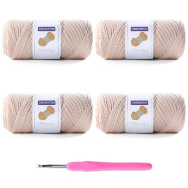 Imagem de Pacote com 4 fios de camisetas para crochê, camisetas elásticas, fios de tricô espaguete, comprimento total, 260 metros para cestas de saco de crochê, decoração de casa com 1 agulha de crochê (4-bege)