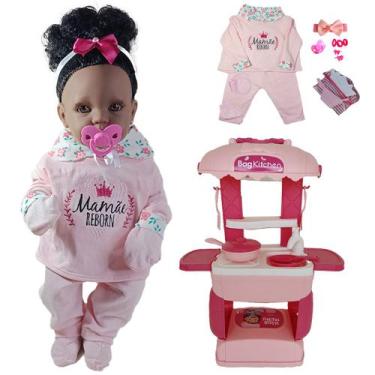 Imagem de KIT Boneca Negra Bebê Mamãe Reborn 45cm + Mini Cozinha