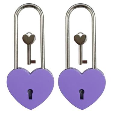 Imagem de Cadeado de coração vermelho de 8,89 cm e 50 mm com cadeado de chave para Dia dos Namorados, Dia dos Namorados, Casamento, Lovelock Bridge, Viagem, Árvores dos Desejos (roxo, 2 peças)