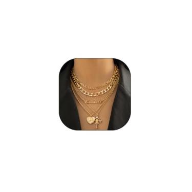 Imagem de Rrdaily Conjunto de colar feminino com cruz de coração em camadas de ouro grosso, corrente cubana empilhada de ouro 14 k, gargantilha e crucifixo, Large, Zinco, Sem Pedra Preciosa