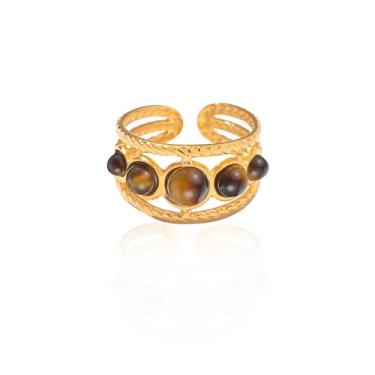 Imagem de Dikixe Anel de pedra preciosa ocidental de cinco olhos de tigre em uma fileira, banhado a ouro 18 K, minimalista, empilhável, ajustável, feito à mão para mulheres, Metal, Olho de tigre