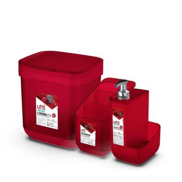 Imagem de Conjunto De Pia Vermelho - Porta Detergente, Escorredor De Talheres E Lixeira 3l