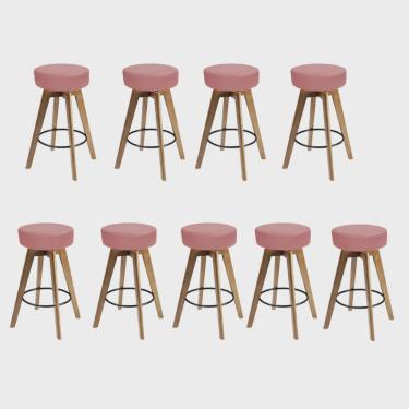 Imagem de Kit 09 Banqueta Alta Redonda Giratória Elsa Madeira Balcão Bistrô Cozinha Suede Rose Gold - Ahz Móveis
