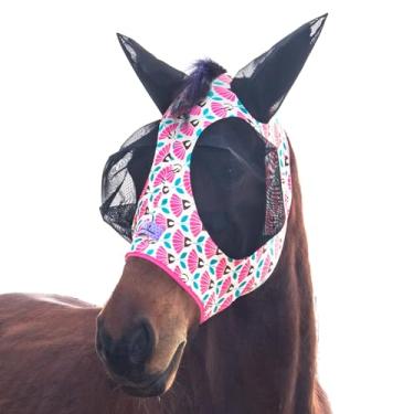 Imagem de Horzmetnex Máscara elástica para moscas de cavalo com olhos extragrandes e abertura de crina – Máscara macia e respirável para cavalos, design sem emaranhados, visibilidade aprimorada (geométrica rosa