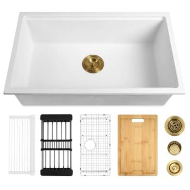 Imagem de YAQUN Pia de cozinha branca com montagem inferior de 81 cm - Pia de estação de trabalho composta de quartzo de granito - tigela única profunda, montagem dupla, com acessórios (branco, 81 x 45 cm)