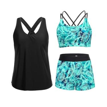 Imagem de Holipick Tanquíni feminino de 3 peças, controle de barriga, regata com sutiã, shorts para meninos e adolescentes, Paisley verde, P